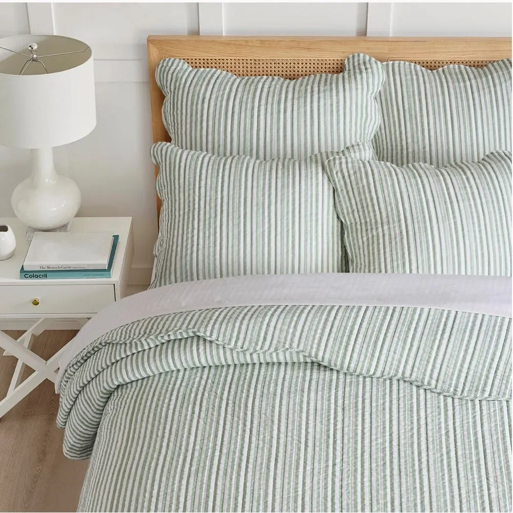 🆕 PB Style Green & White Striped Cotton Quilt Coverlet Scalloped Trim Set NWT